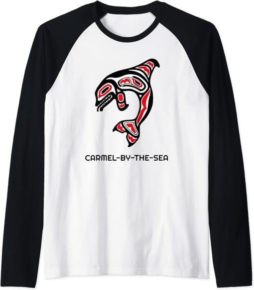 Carmel-by-the-Sea, California Native American Orca Whale Raglan Baseball Tee