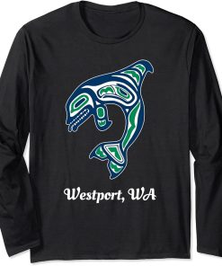 Blue Green Native American Westport WA Orca Killer Whale Long Sleeve T-Shirt